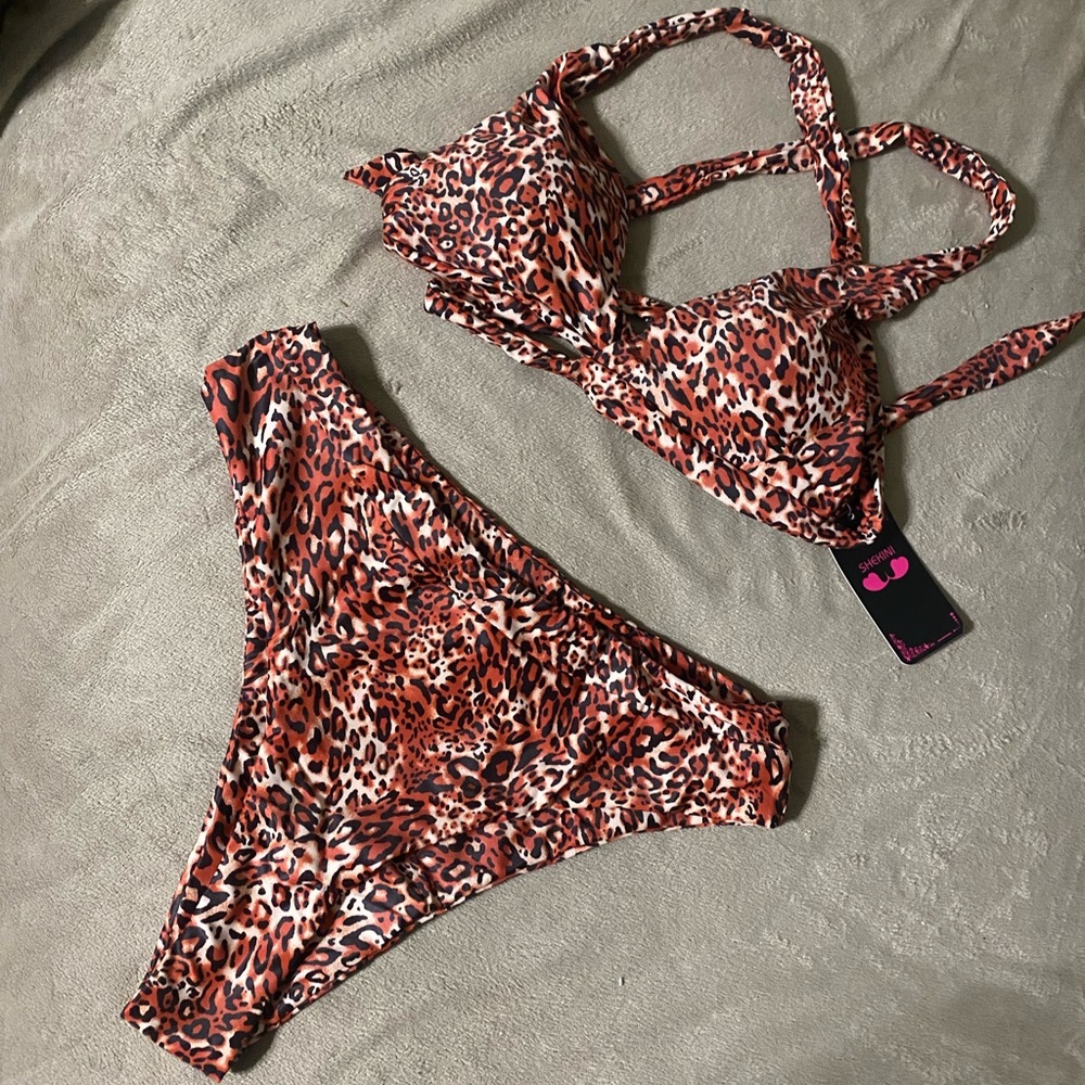 SHEKINI Crisscross Push-Up Bandage Wrap Bikini-Brown Leopard